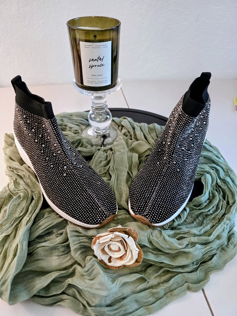 Alex Marie Black Knit Slip-On Sneakers with Crystal Accents